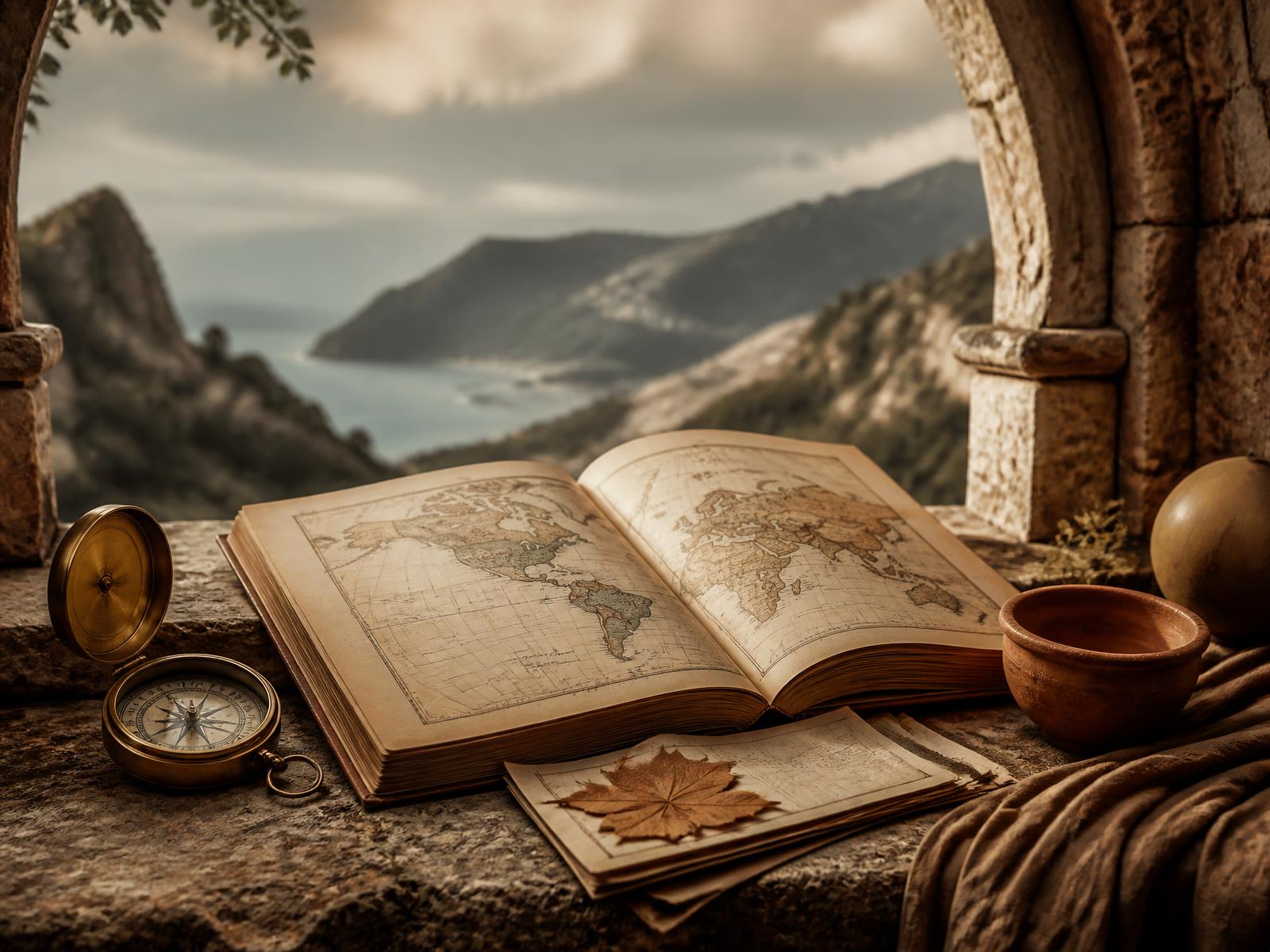 An open atlas, compass and field notes above a coastal landscape