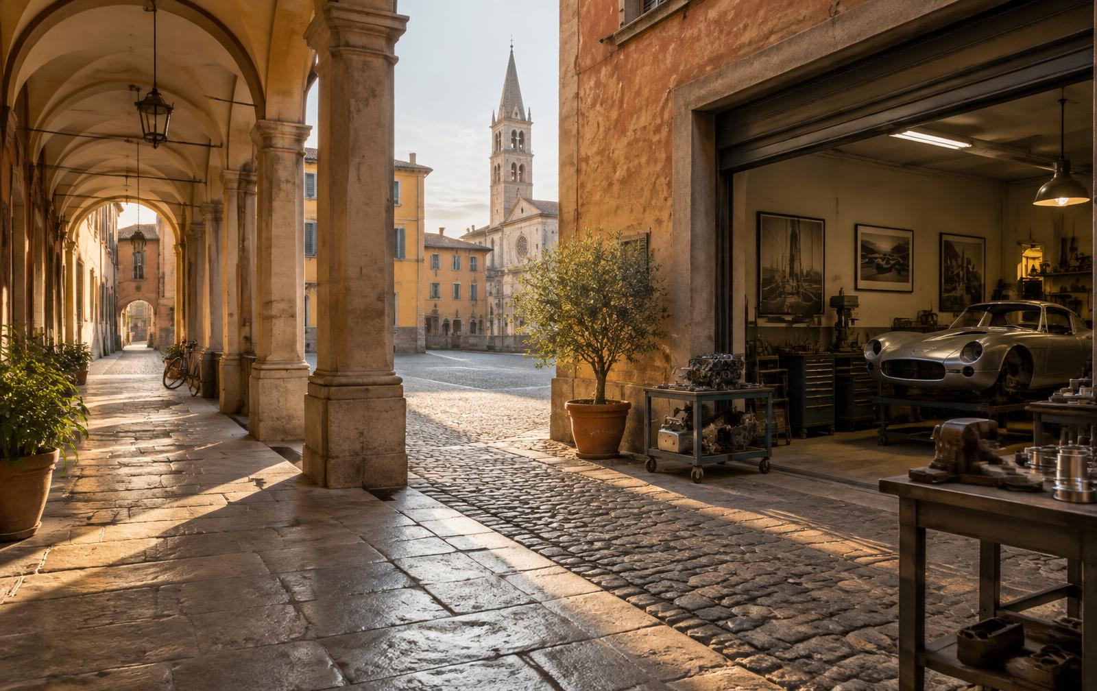 Modena porticoes beside a specialist automotive workshop