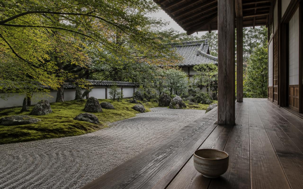 A moss and gravel garden seen from a weathered timber temple veranda in Kyoto, with a ceramic tea bowl on the step