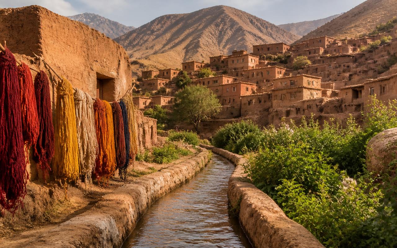 Hand-dyed wool drying beside a clay village in the Moroccan High Atlas