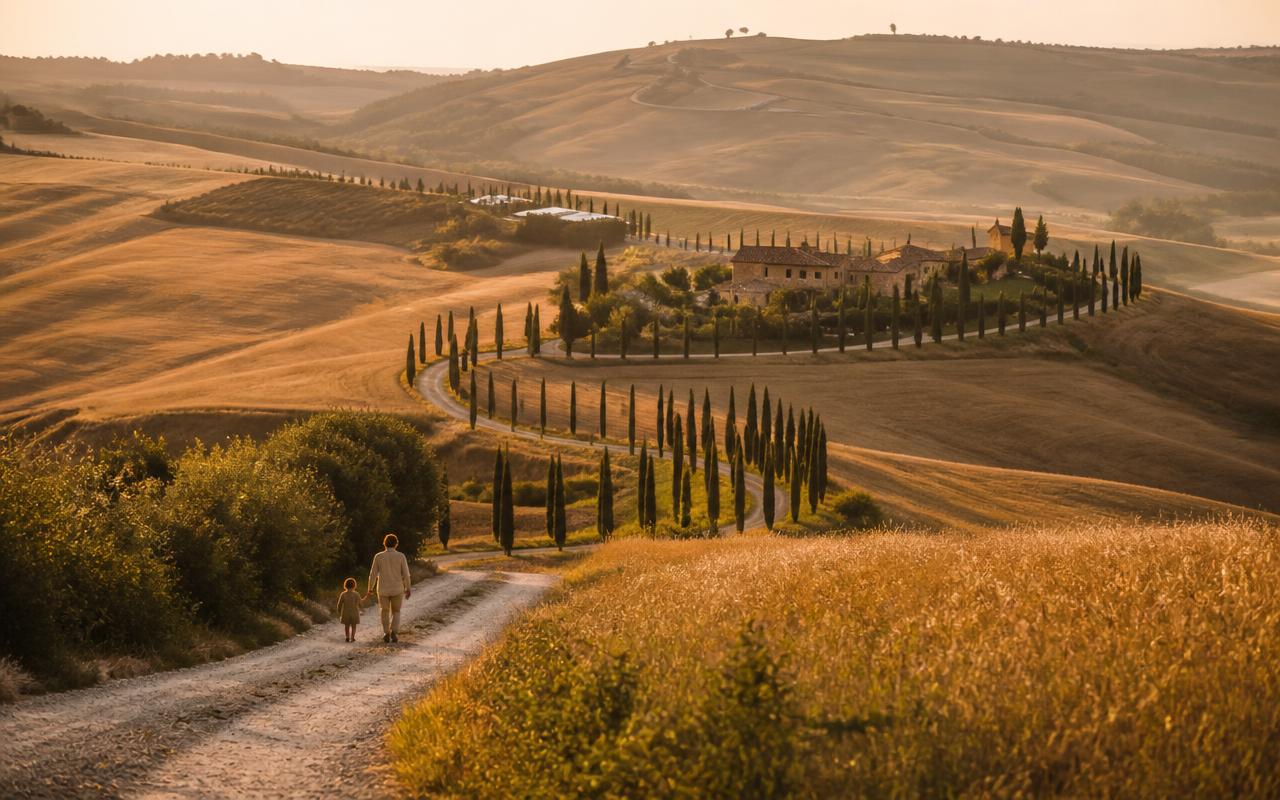 A cypress-lined track through the golden hills of Val d’Orcia, Tuscany