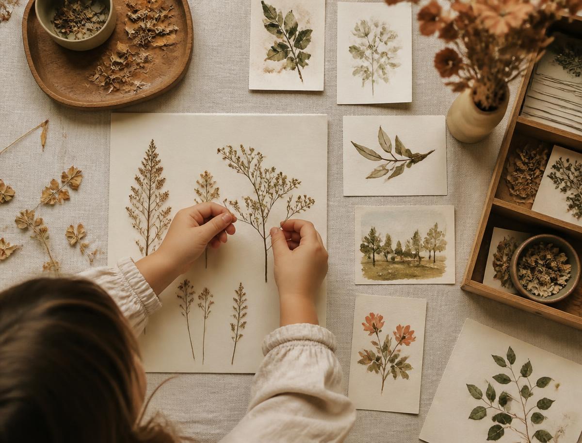 A child arranging pressed botanical specimens and watercolour studies on a linen table